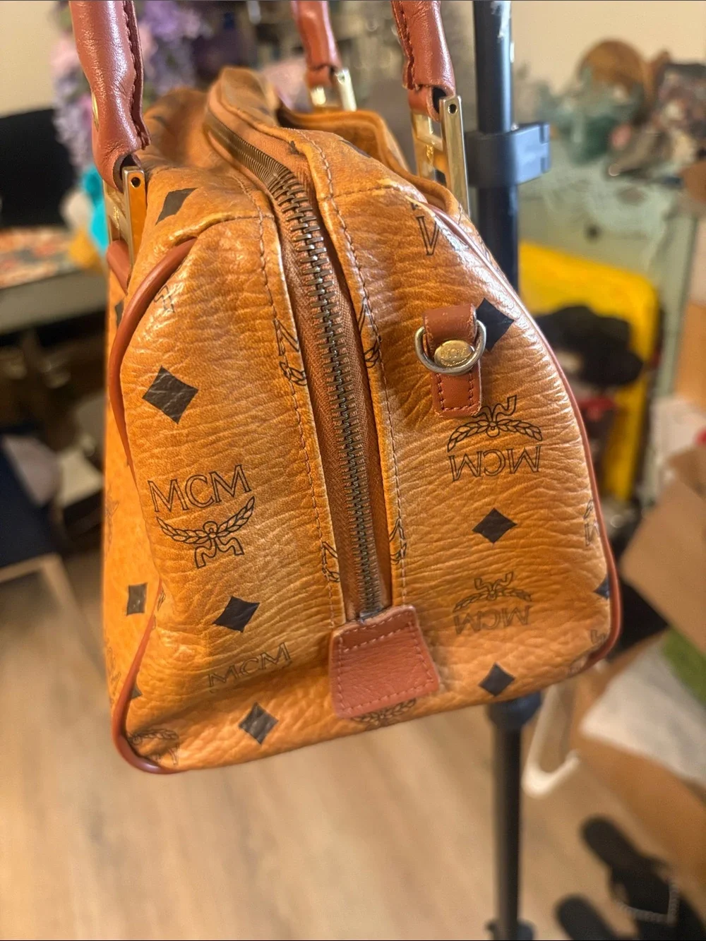 MCM Cognac Brown Visetos Monogram Satchel